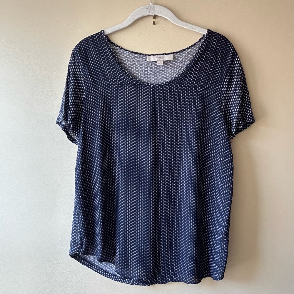 LOFT Navy Blue Short Sleeve T-shirt with White Diamond Pattern